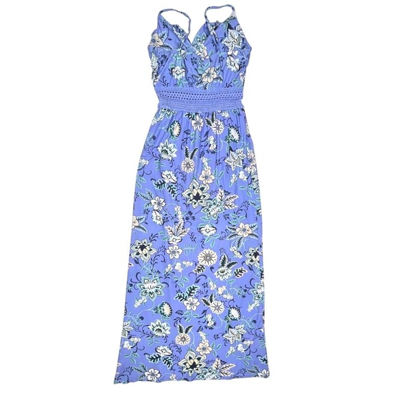 No Boundaries Dresses & Skirts - No Boundaries Floral Maxi Romper Dress Blue Crochet Waist‎ Small 3-5 Boho Slit